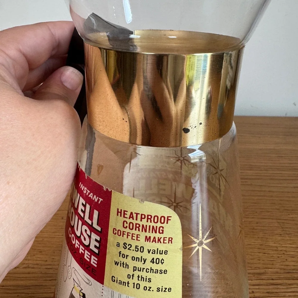 Vintage Maxwell House Corning Glass Coffee Carafe Atomic Gold Starburst MCM 10oz